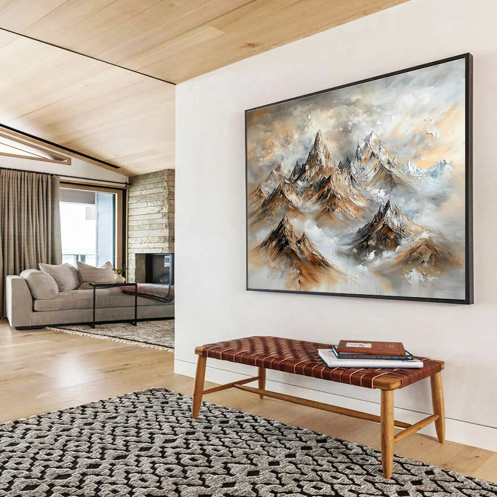 A large abstract painting featuring majestic mountains in brown and gray with swirling clouds and snow-capped peaks, creating a stunning impressionistic effect.SC486