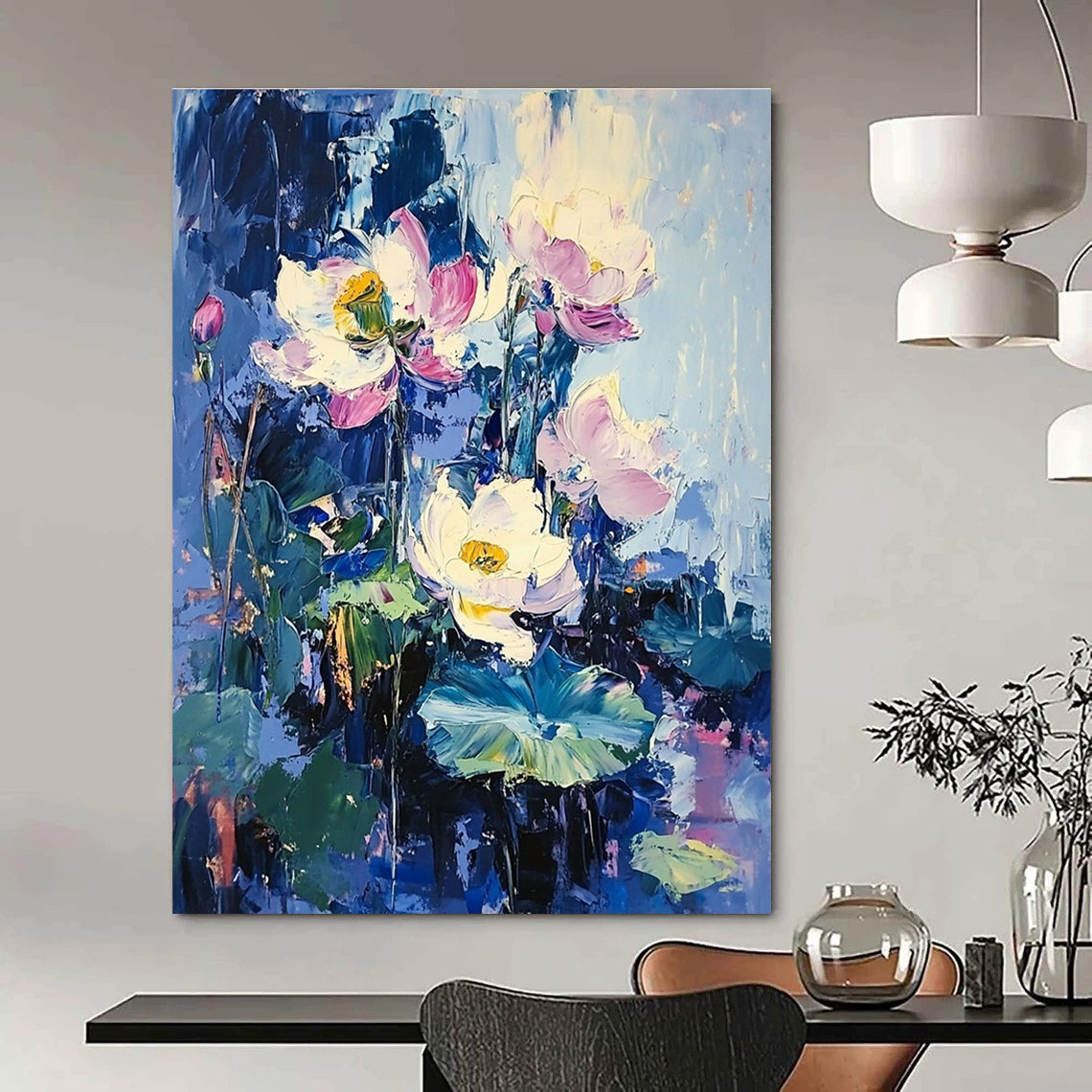 Large abstract oil painting of lotus flowers and leaves in purple and blue with impressionist style and surrealistic elements against a blue sky.STSC190