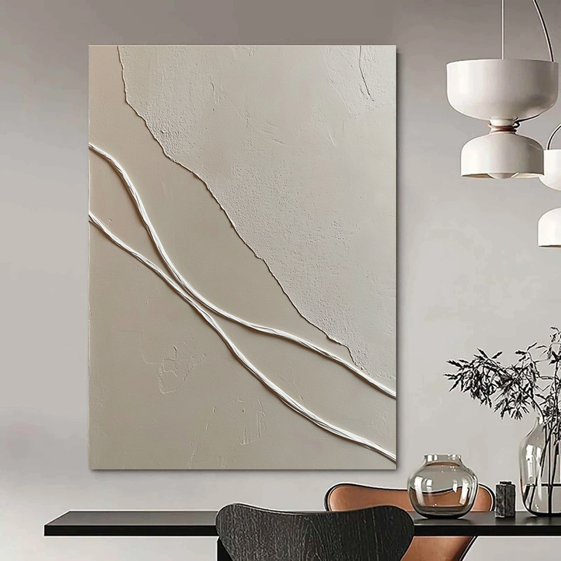 A large abstract painting featuring smooth white wavy lines against textured light-colored plaster walls enhancing depth in a minimal space.STSC941