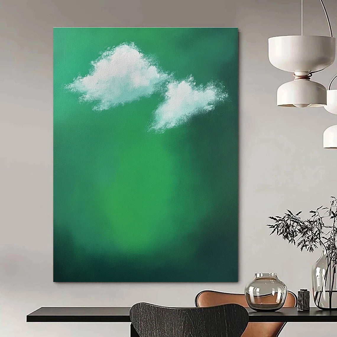 Large abstract painting featuring a green background with white clouds and sunlight effects evokes tranquility and calmness through minimalist brushstrokes.STSC1008