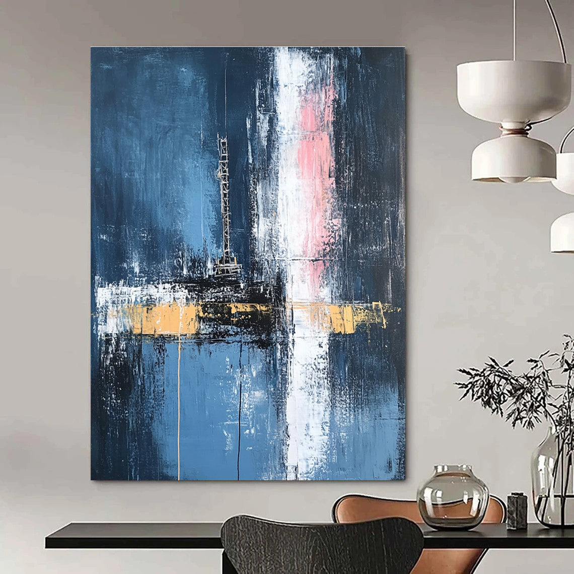 Large abstract painting depicting an oil rig in dark blue and white with hints of pink and yellow featuring loose brush strokes.STSC656