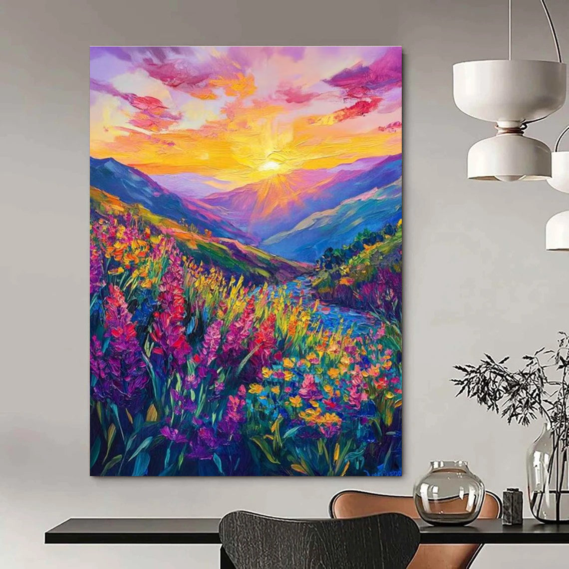 Colorful Mountain Sunset Abstract Painting with Lush Landscapes ADGE526