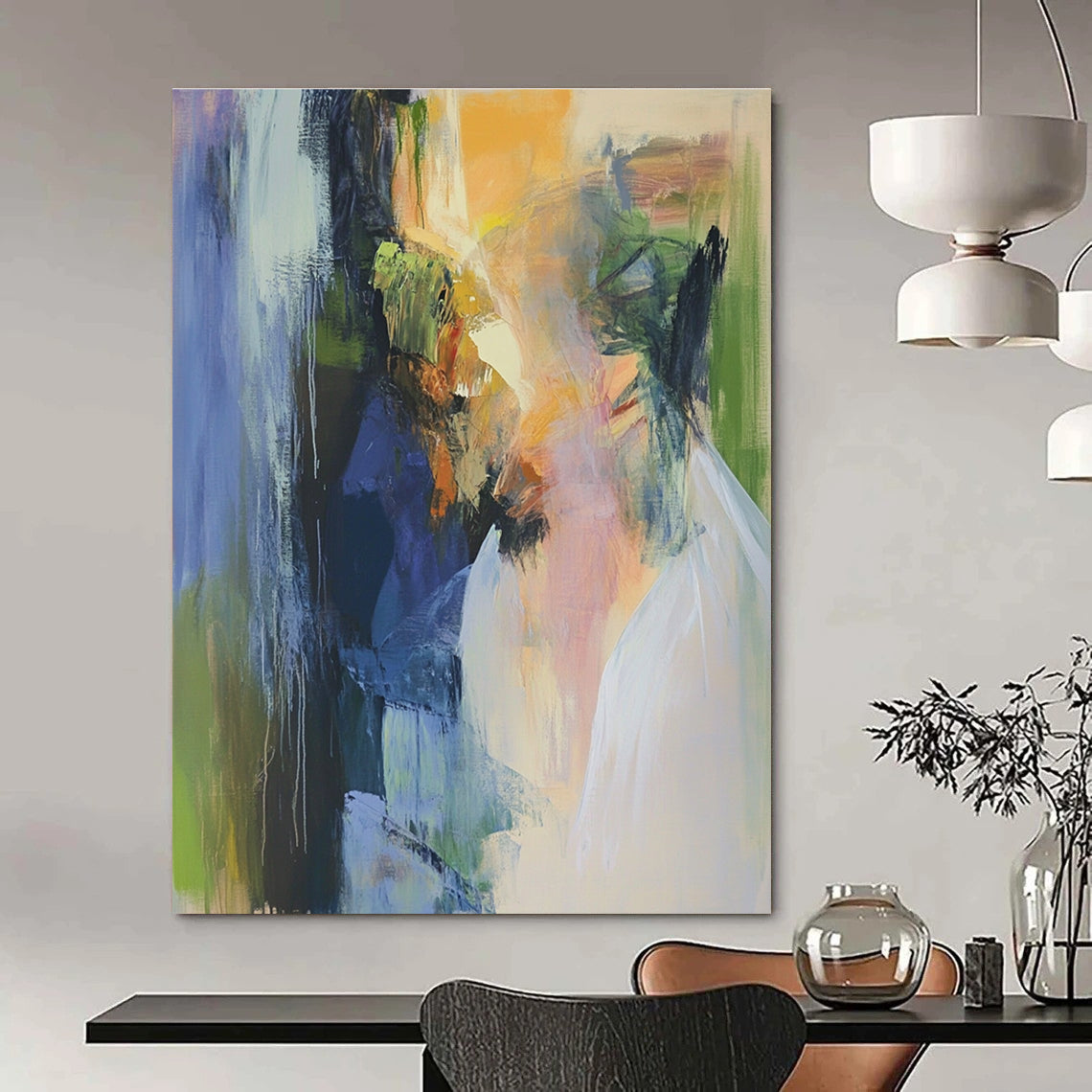 Abstract oil painting featuring faded beige grey and brown textures on a white background evoking nostalgia and mystery through subtle details in corners.STSC594