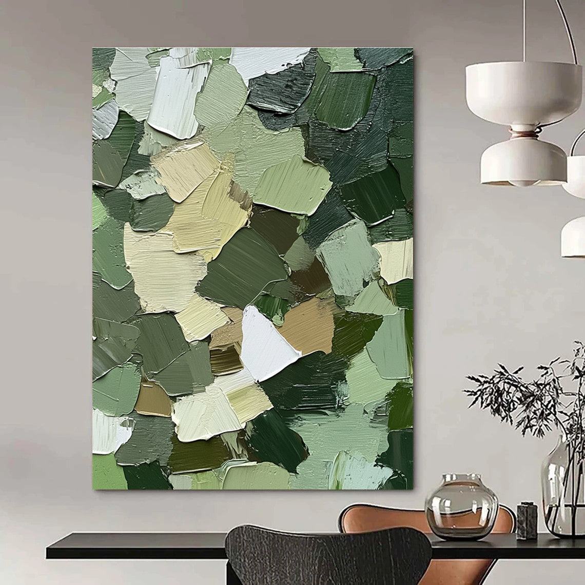 Large abstract painting showcasing intricate urban camouflage patterns in greens browns and whites with textured impasto brush strokes for depth and realism.STSC831