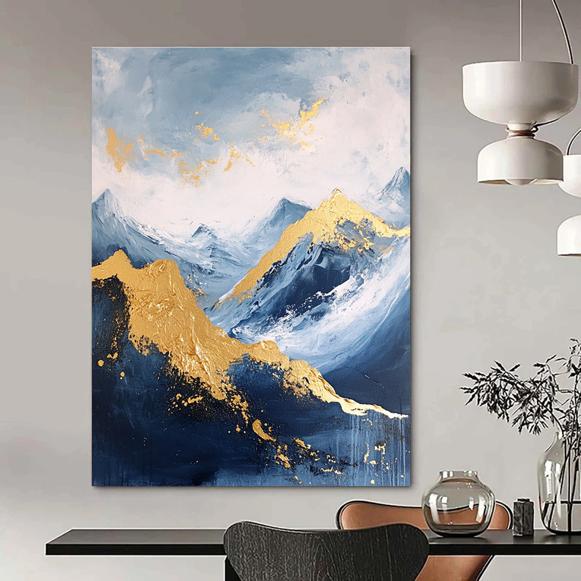 Large abstract painting featuring a golden mountain against a blue sky with white clouds and dark grey stone tones accented with gold.STSC013