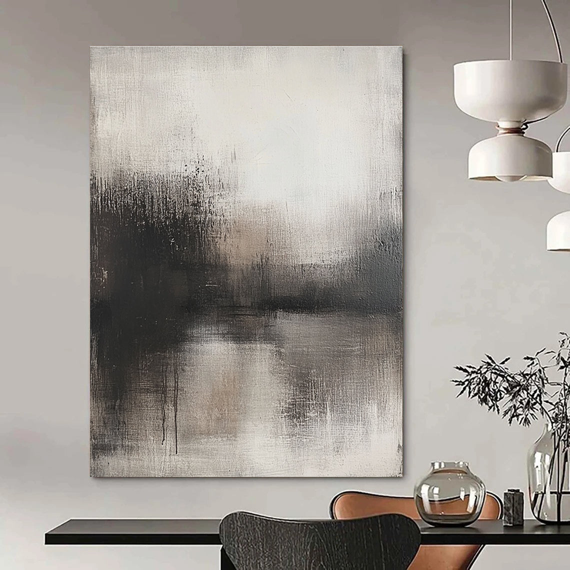 Large abstract painting with faded gray tones minimalist style and a weathered surface in a neutral color palette.STSC085