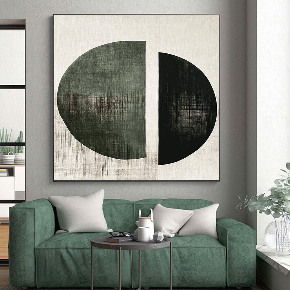 Green and Black Circular Abstract Painting with Geometric Simplicity GER131