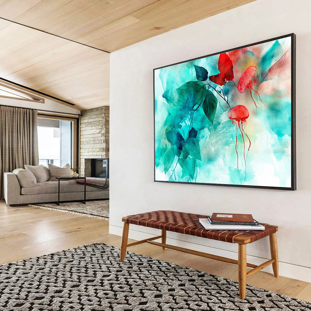 Jellyfish and Leaves Abstract Painting in Teal and Red DYP446