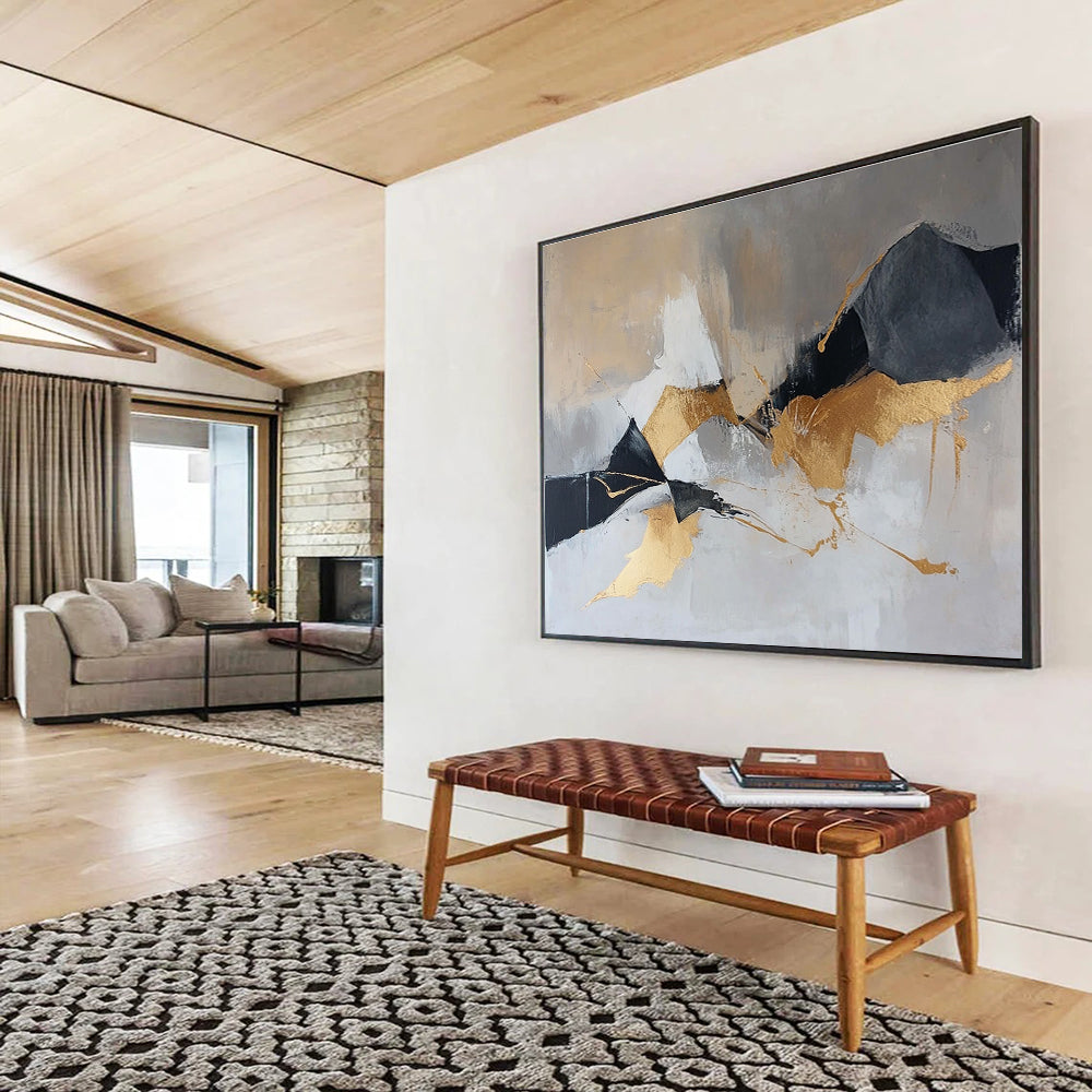 Gold and Gray Abstract Painting with Dynamic Shapes DYP275