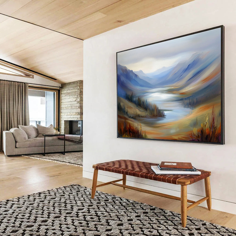 Mountain Lake Abstract Painting with Blue and Brown Tones DYP560
