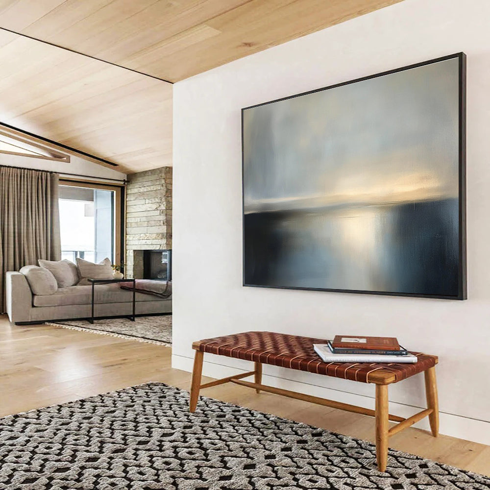 Large abstract painting featuring a tranquil dusk sky and sea in soft gray tones, evoking serene stillness with a minimalist style.SC079