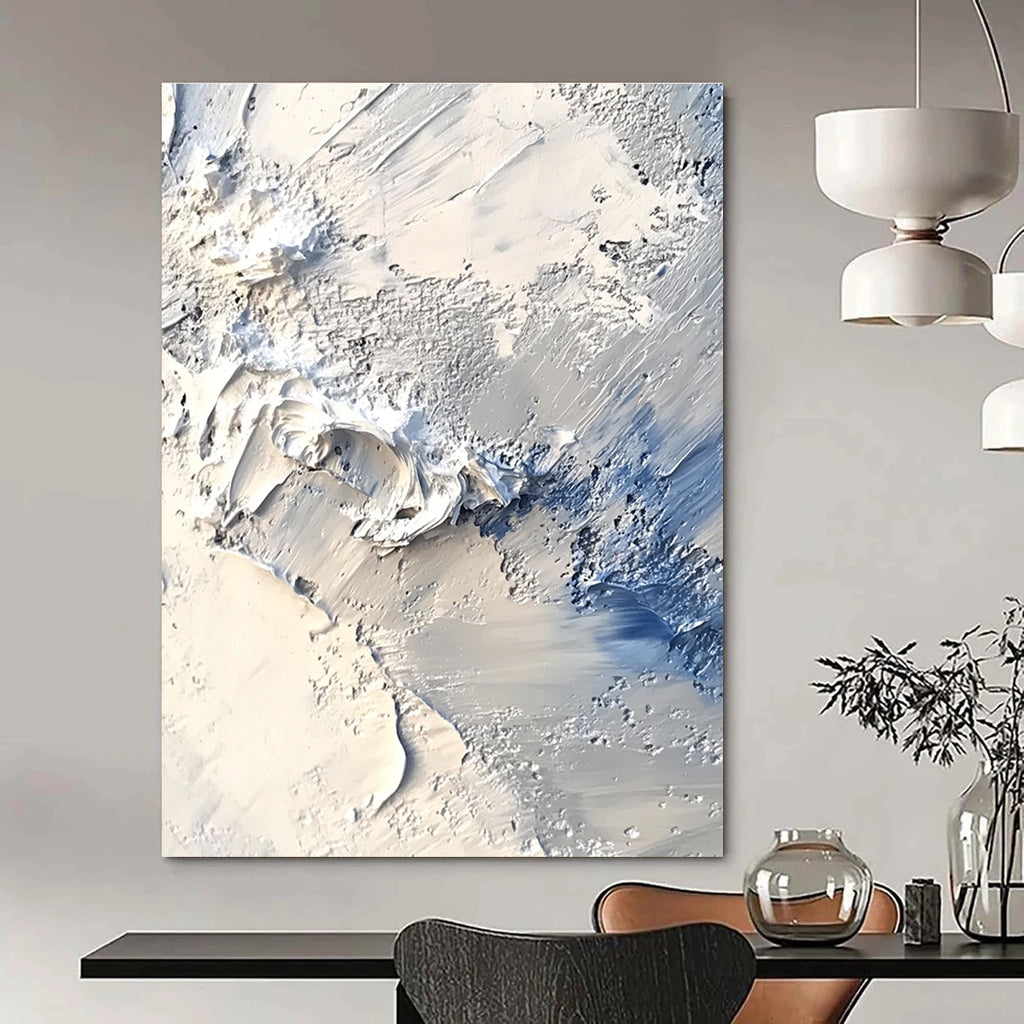 Large abstract painting capturing an Arctic landscape with thick impasto layers in white and gray reminiscent of John Martin's style.STSC258