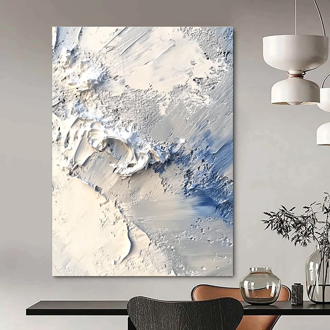 Large abstract painting capturing an Arctic landscape with thick impasto layers in white and gray reminiscent of John Martin's style.STSC258