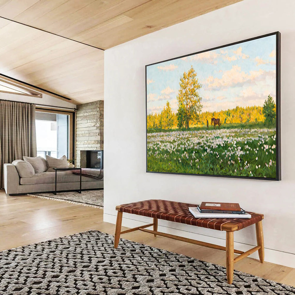 Summer Meadow Abstract Painting with Green, Yellow, and White Tones THY216