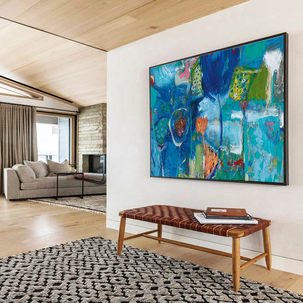 Blue Floral Abstract Painting with Colorful Accents THY234