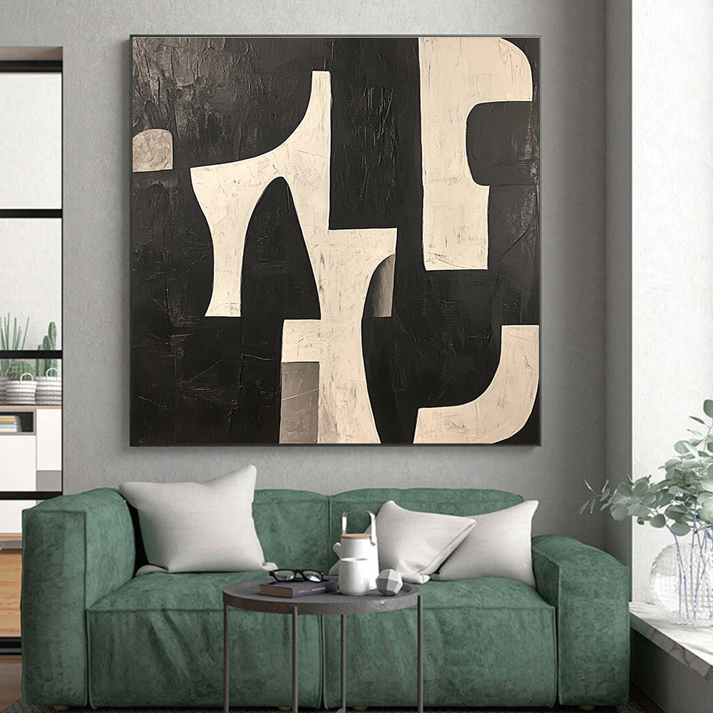 White Geometric Shapes Abstract Painting on Black GER243