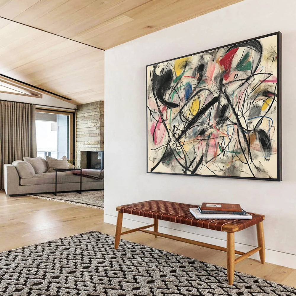 A large abstract painting featuring chaotic movement and energy with bold muted colors creating an exciting composition of fast-moving shapes and lines.SC303