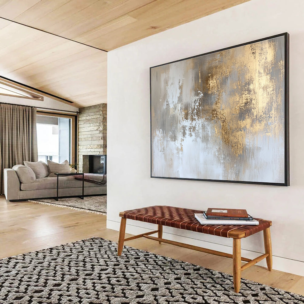 Abstract painting with faded gold and white hues featuring distressed textures and subtle gradients for elegant wall art and interior design.SC234