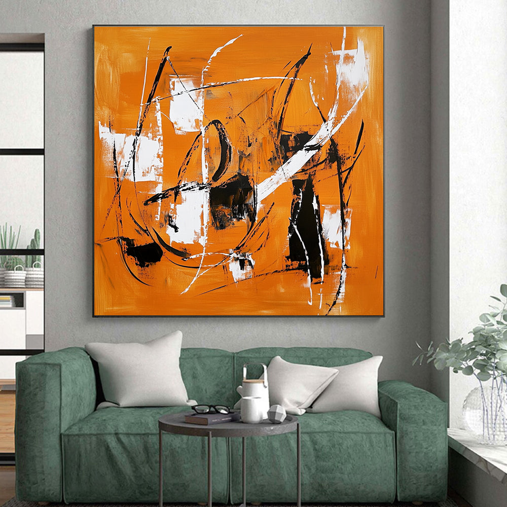 Orange and Black Abstract Painting with Energetic Line Work GER659