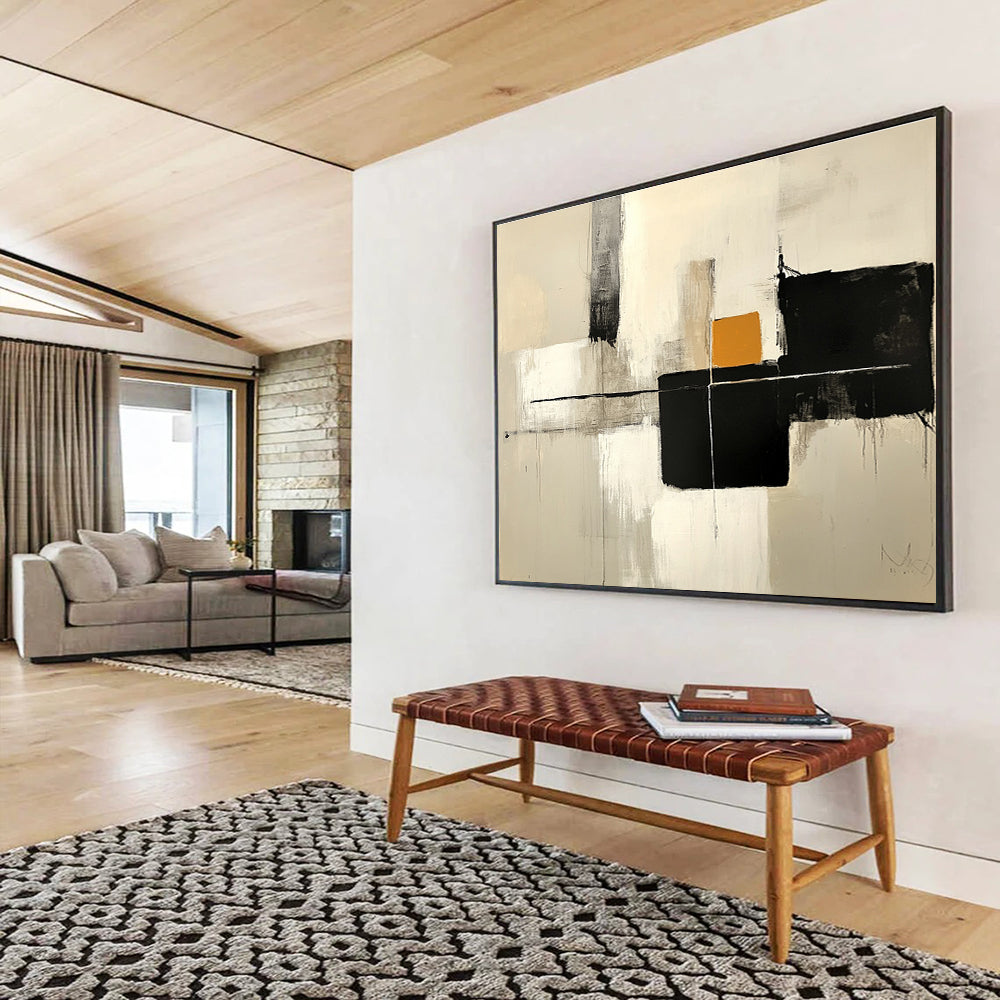 Large abstract painting featuring thick brush strokes in neutral colors with gray and black blocks and a small orange shape on a white background.SC503