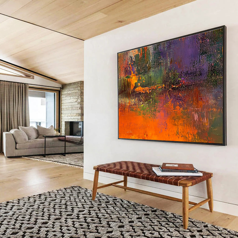 Large abstract painting of the great swamp featuring dark green and orange tones with rich textures and blurred background highlighting vibrant details.SC358