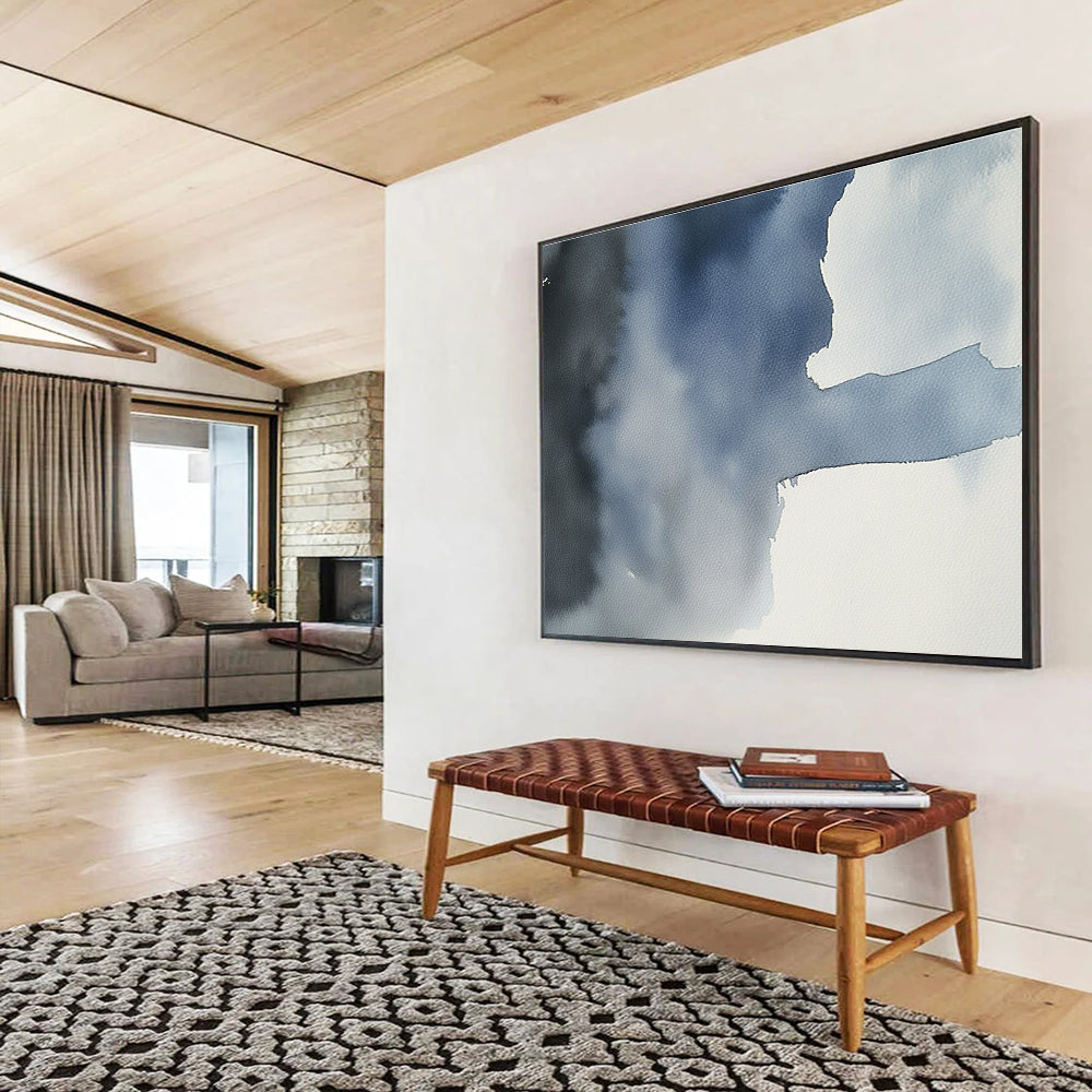 Large abstract painting featuring a gray sky over an ocean in dark blue and light gray tones, evoking serene and calm emotions.SC618