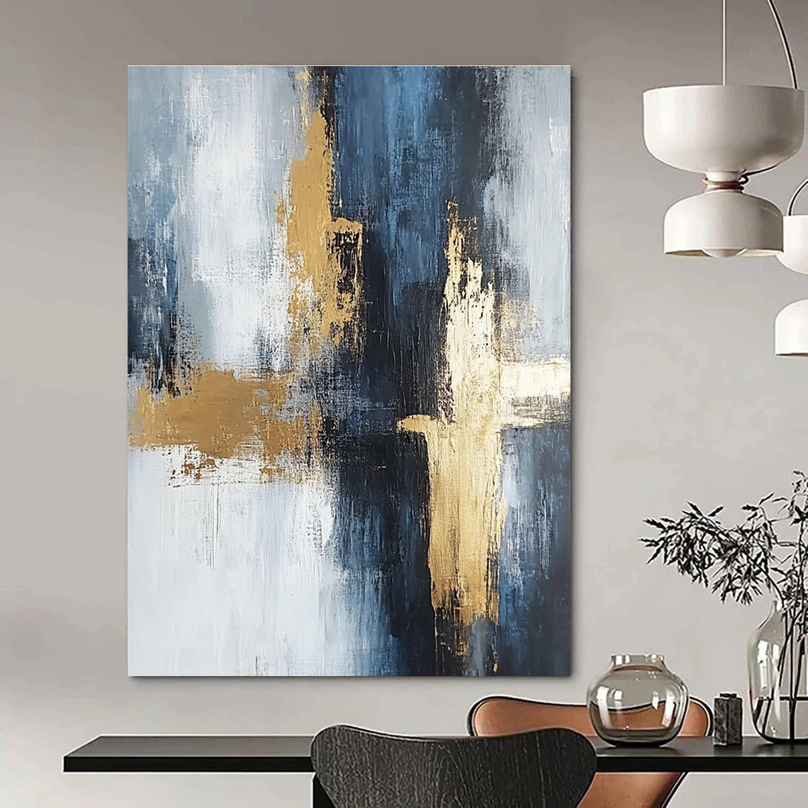 Large abstract painting in light gray and dark blue tones with gold accents featuring strong brushstrokes and delicate textures creating spatial depth.STSC433