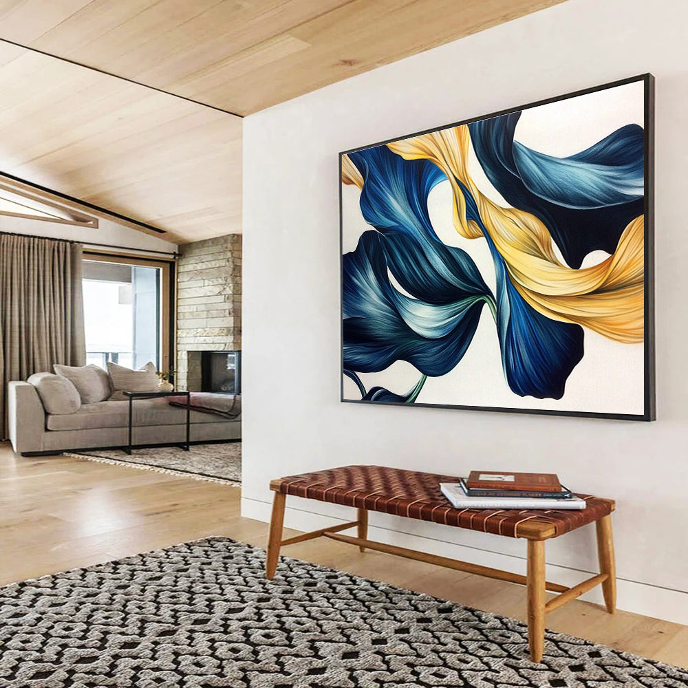 An abstract drawing of blue and gold tulip leaves with flowing lines in dark green and light gray on a white background.SC583