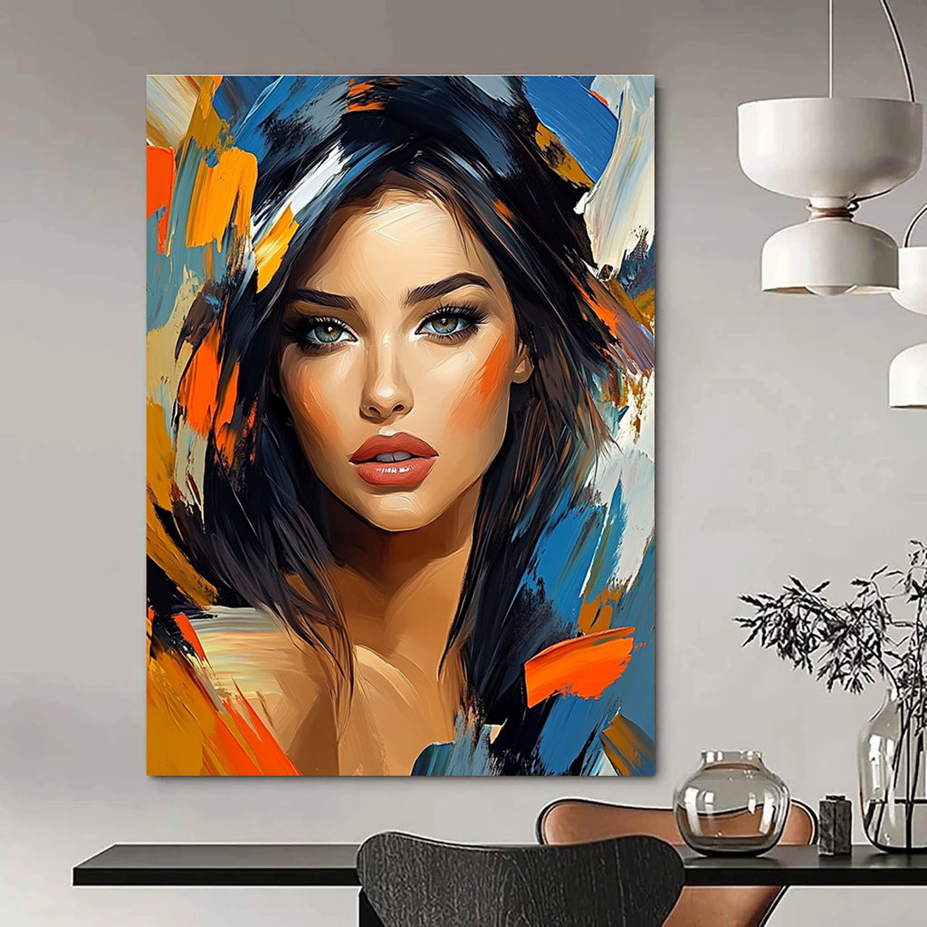 Vibrant abstract painting featuring a stunning woman's portrait with bold colors and sharp focus capturing her beauty and elegance.STSC1270