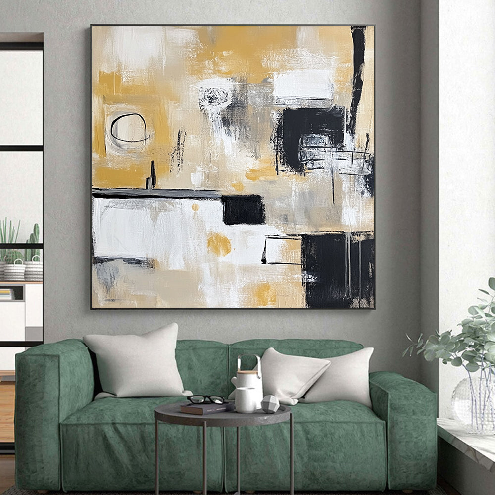 Yellow - Toned Abstract Painting with Black, White, and Beige GER321