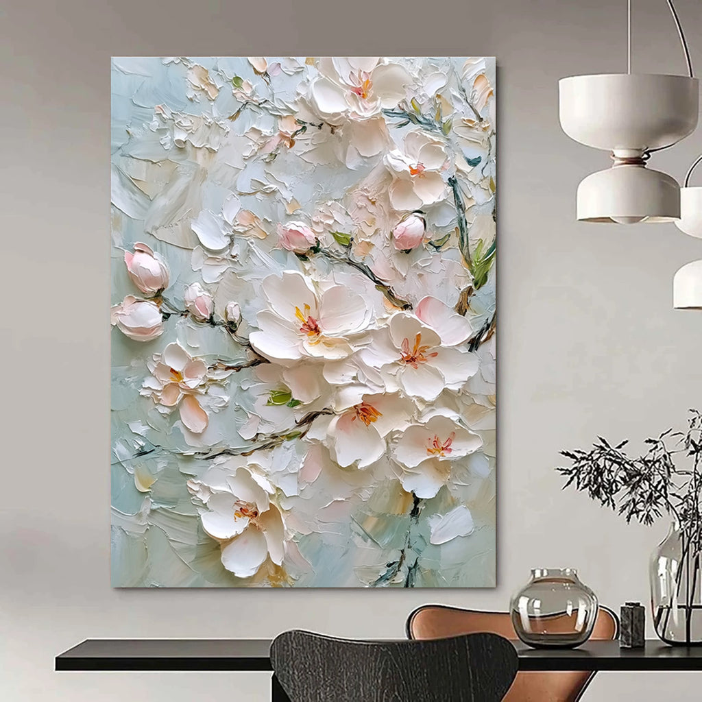 Large abstract painting of cherry blossoms in soft colors with intricate details and textural elements on a light gray background.STSC1364