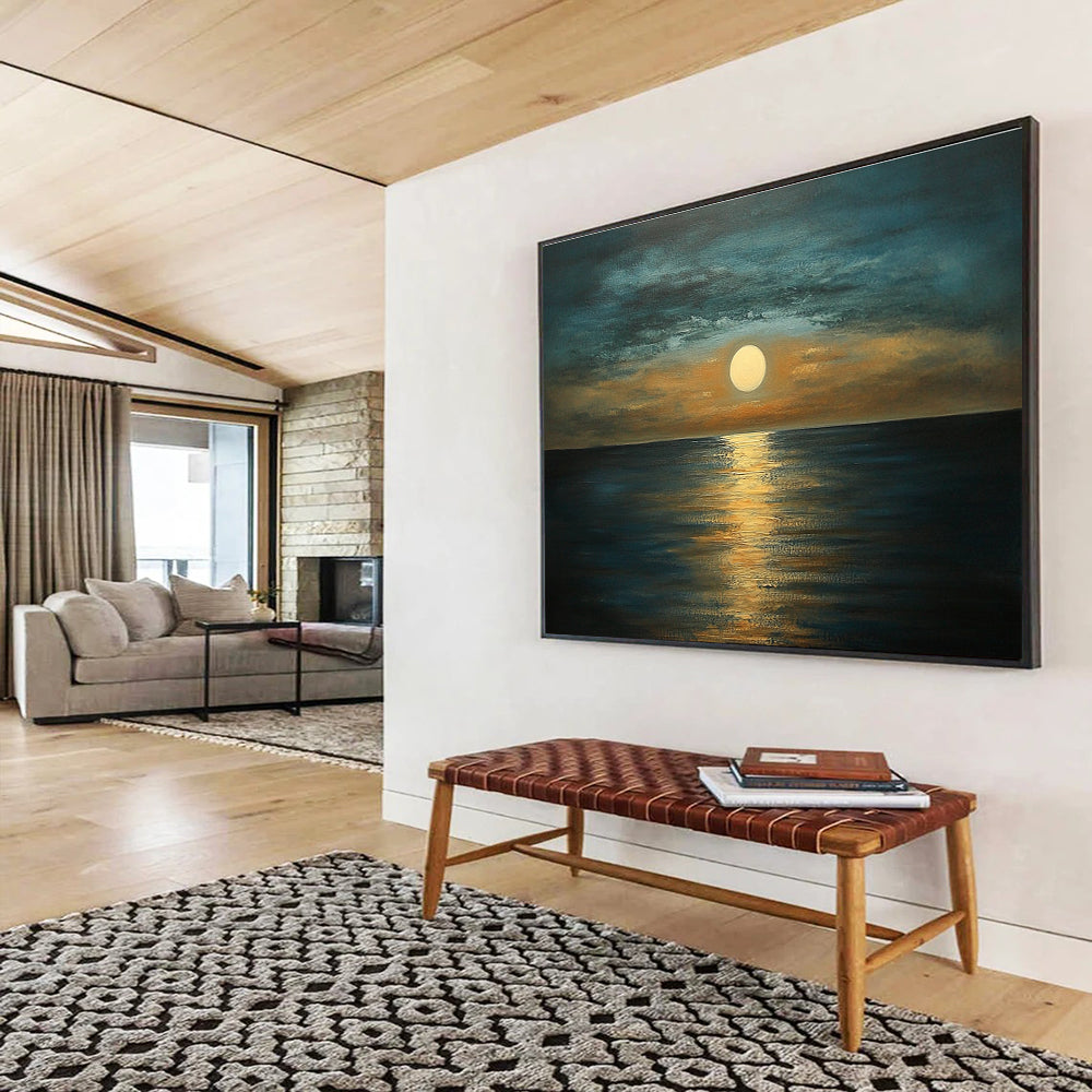 A large abstract painting depicting a serene sea at dusk with muted tones of blue brown and gold capturing tranquility and harmony in nature.SC413