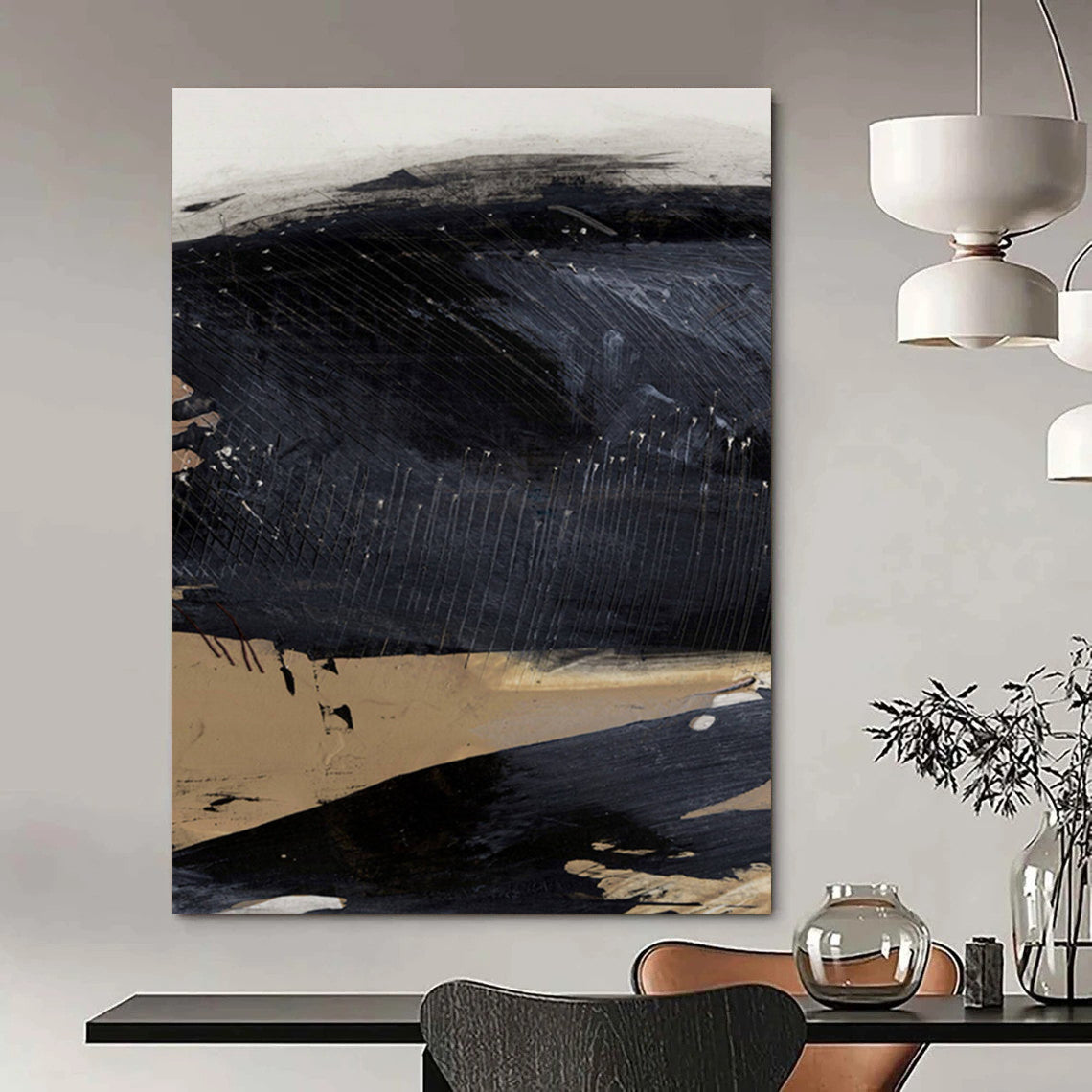 Dark Abstract with Linear Details and Earthy Tones Painting ADGE203