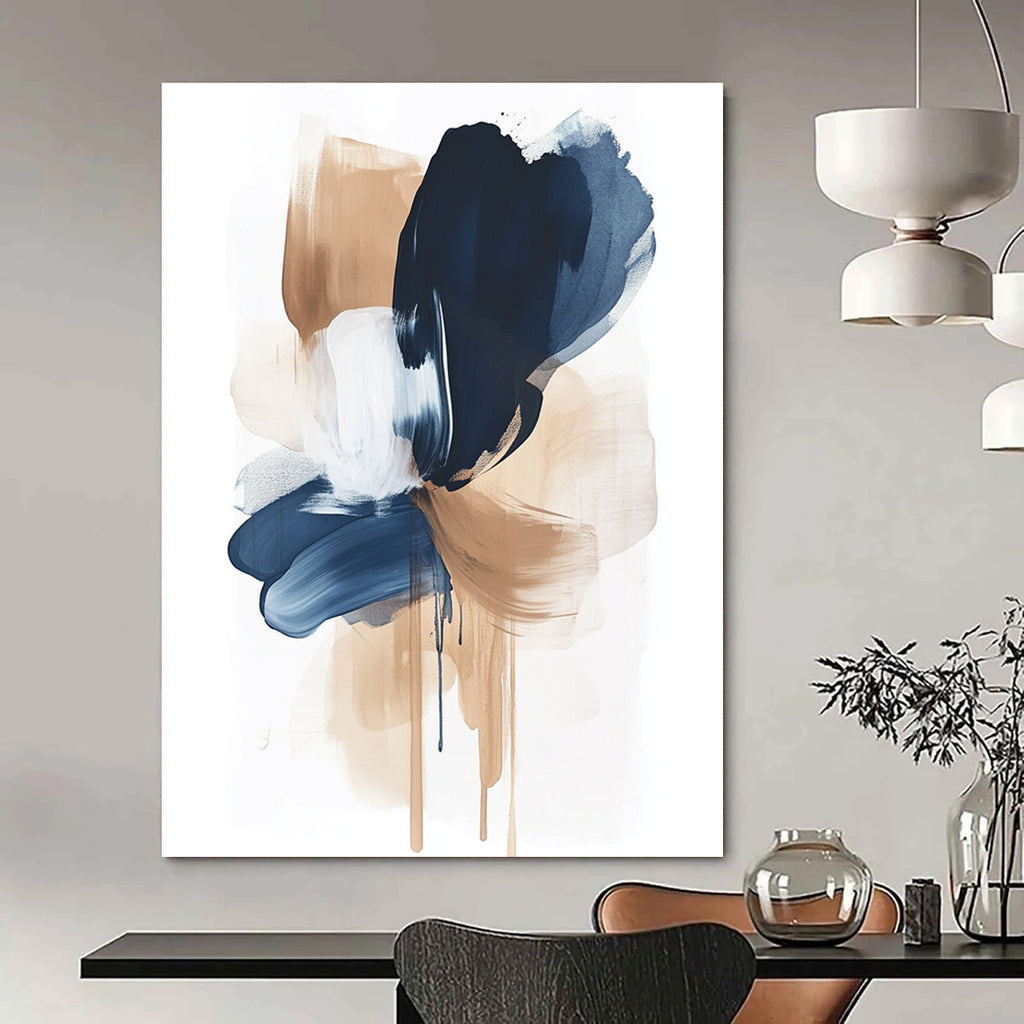 Large abstract painting featuring calming brushstrokes in navy blue and beige on a white background creating emotional shapes and a sense of balance.STSC1325