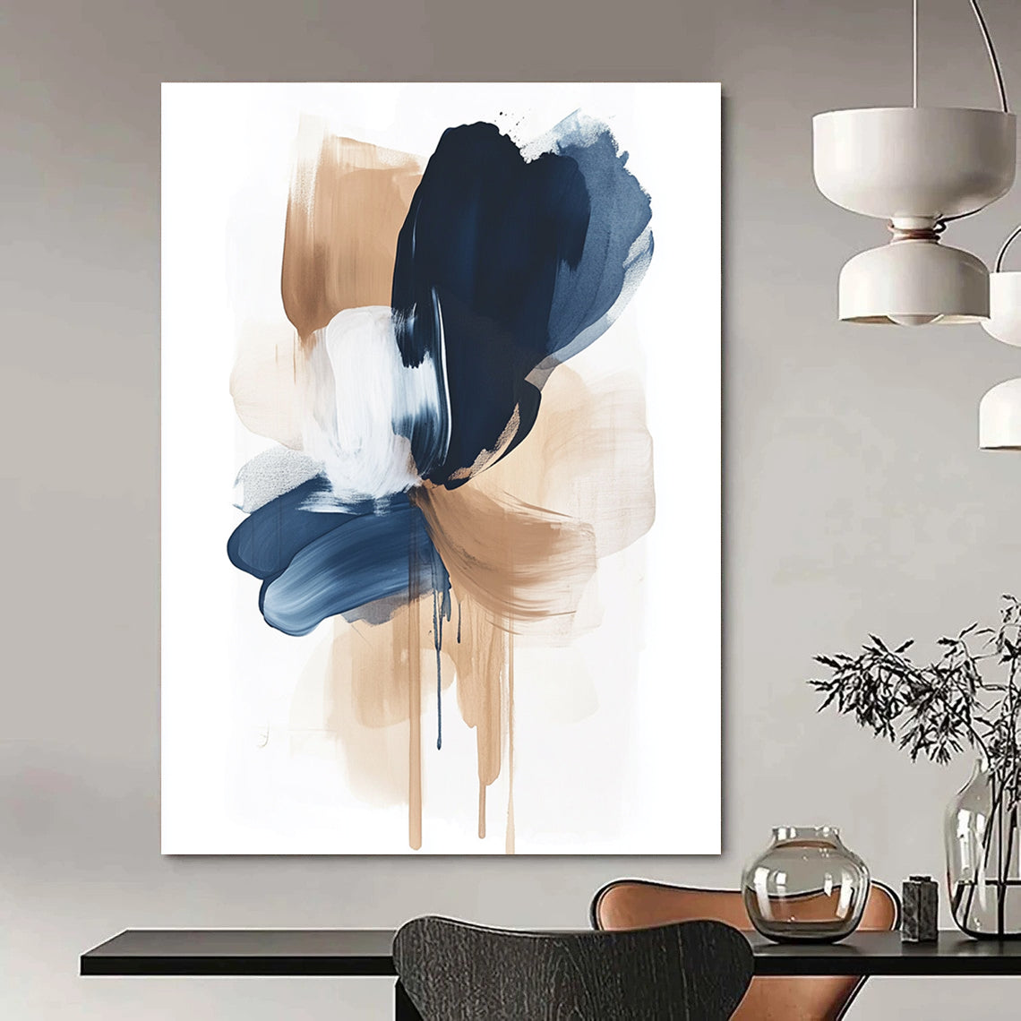 Large abstract painting featuring calming brushstrokes in navy blue and beige on a white background creating emotional shapes and a sense of balance.STSC1325