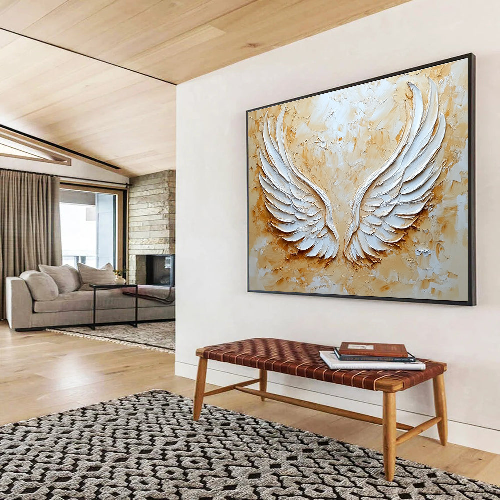 Textured Angel Wings Abstract Painting with Gold and White DYP165
