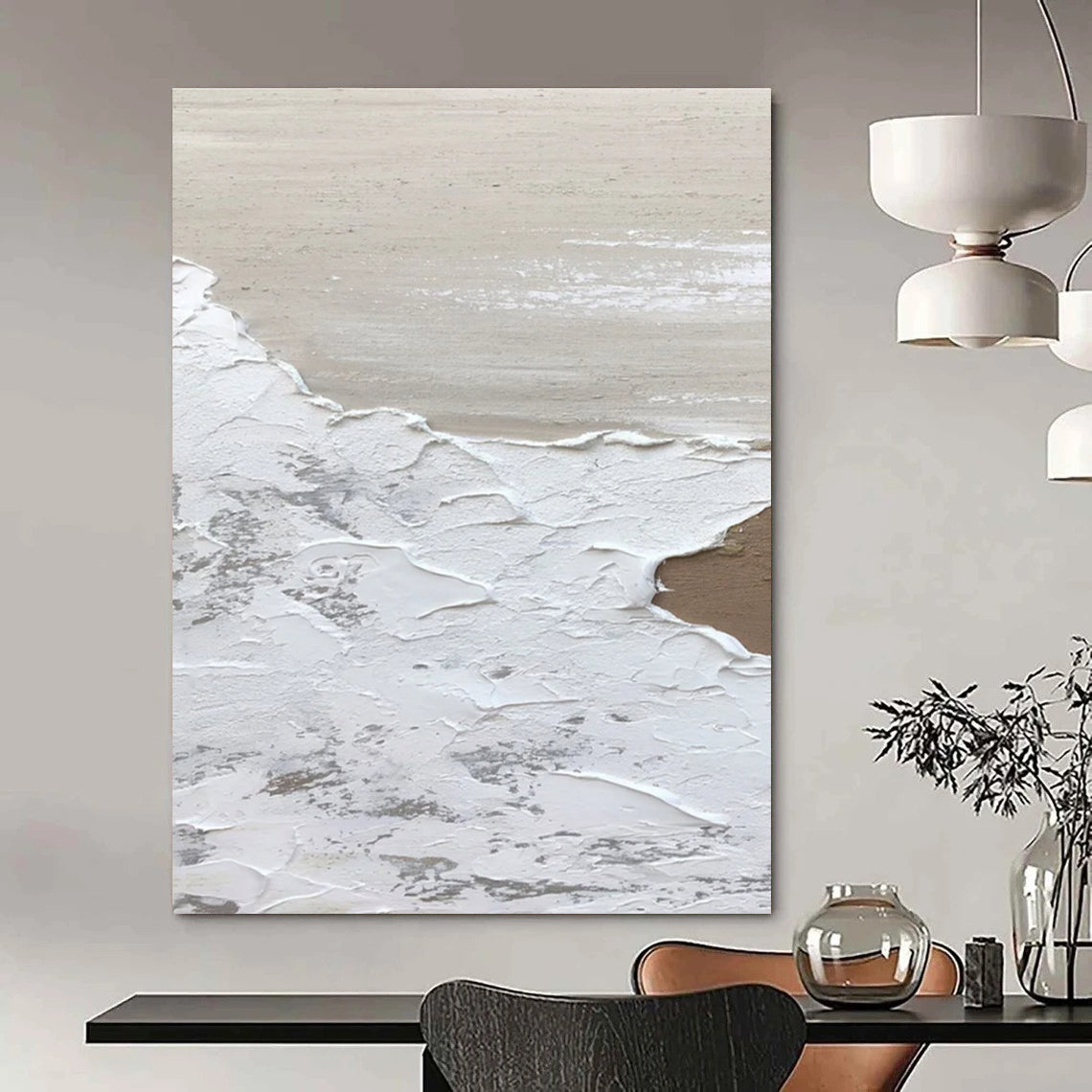 Beige and White Textured Abstract Painting with Layered Effects ADGE374