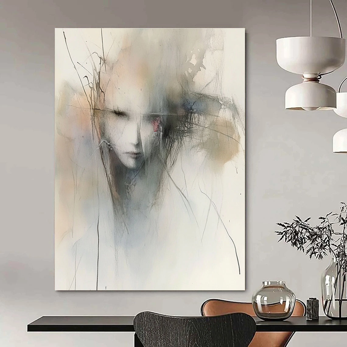 Large abstract watercolor painting featuring atmospheric muted tones and emotional gestures inspired by Peter Wileman and Cecily Brown.STSC840