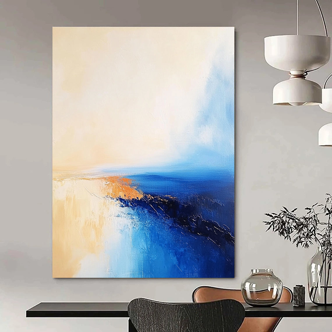 Large Abstract Oil Painting of the Sea in Blue and Beige with a Golden Sunset Horizon. Perfect for enriching any living space.STSC599
