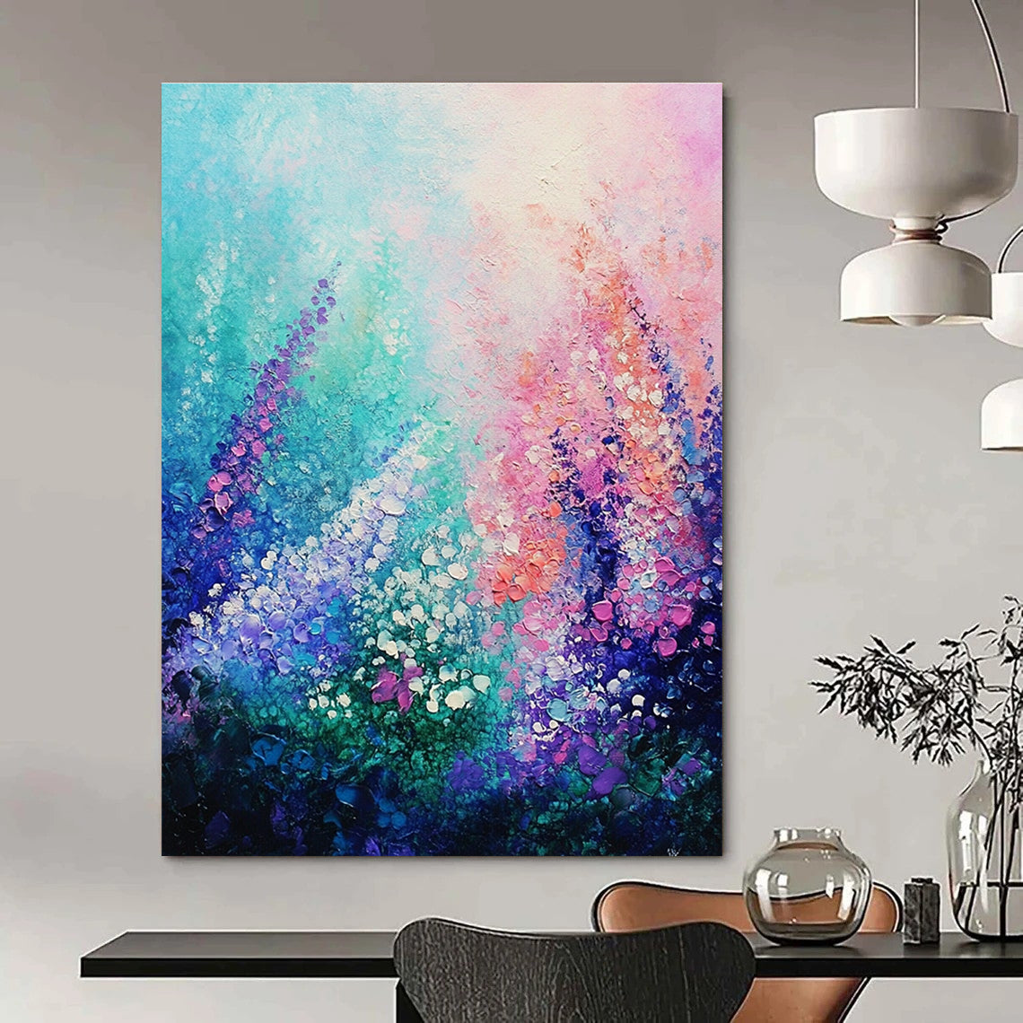 A large abstract painting of an underwater garden featuring glowing coral and vibrant flowers against a soft pastel sky in impressionist style.STSC847