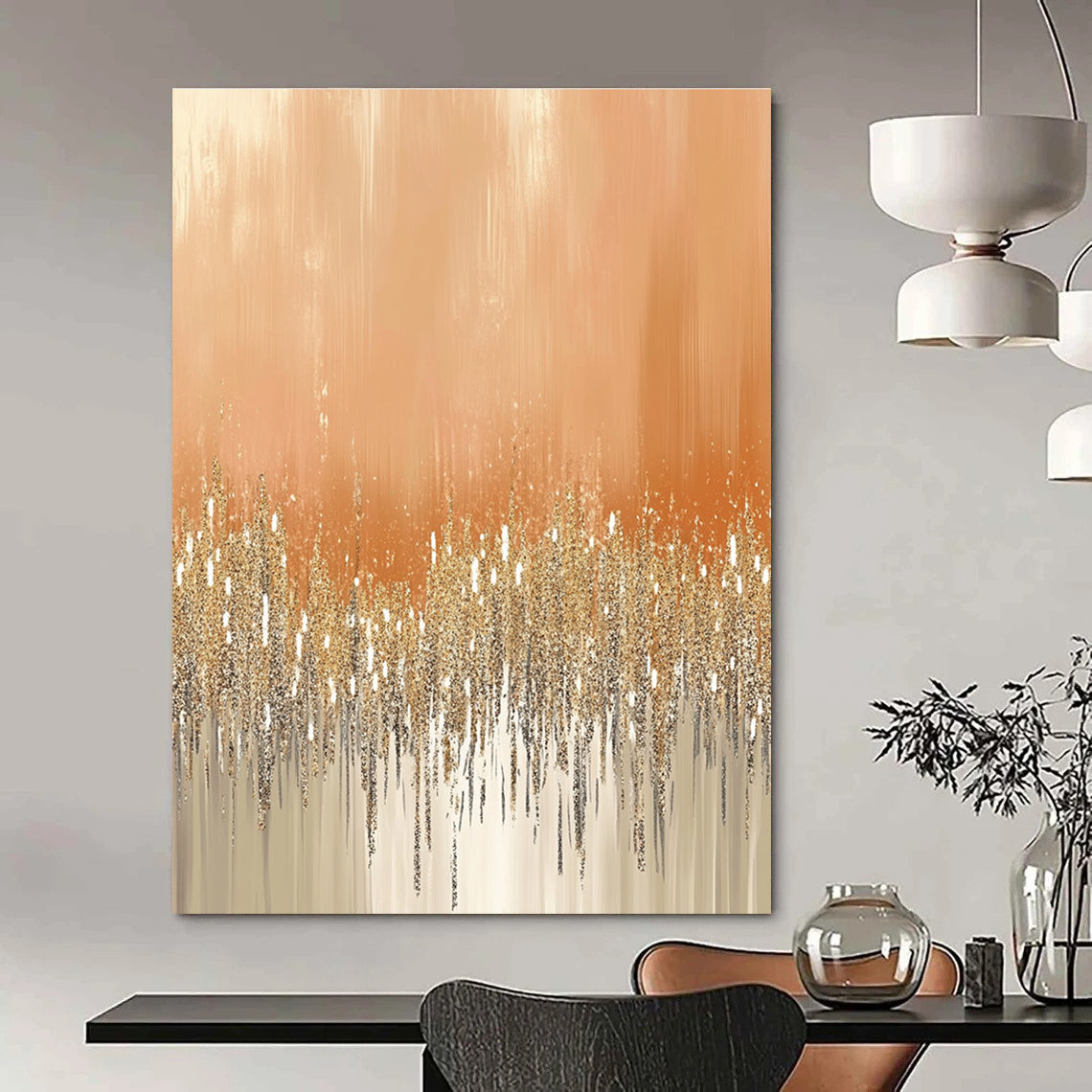 Large abstract painting featuring glittery gold and silver dust on a peach-fuzz beige background ideal for festive or glamorous settings.STSC980