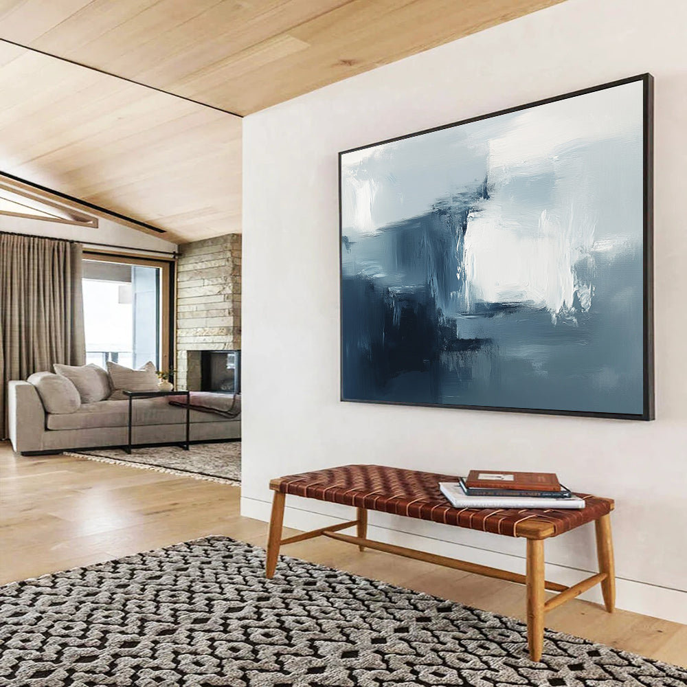 Large abstract painting with soft brushstrokes and a dreamy atmosphere featuring cool tones and minimalistic design elements to create a sense of mystery.SC232