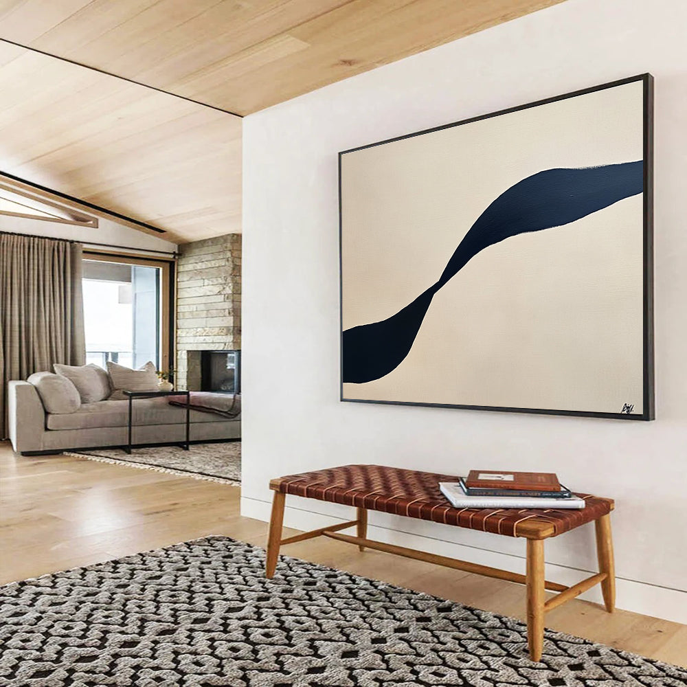 Large abstract painting featuring a single black curved line on a cream background for minimalist aesthetic appeal.SC587