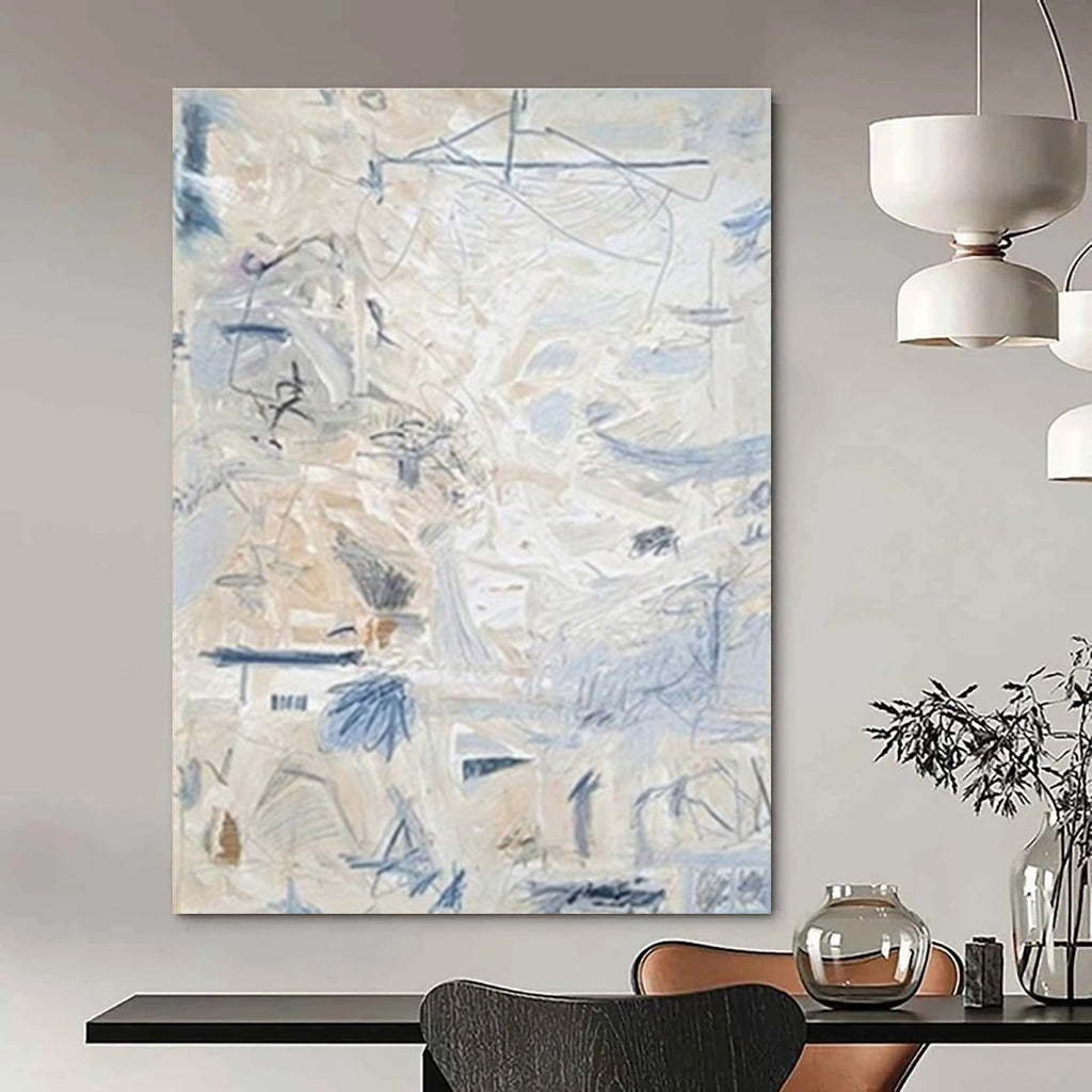 Light Beige and Blue Abstract Painting with Delicate Marks ADGE144