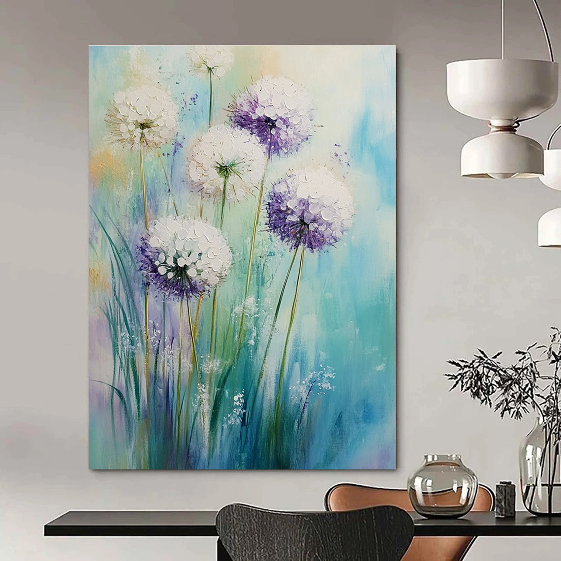 Large abstract painting of white alliums with purple accents on an aquamarine lavender background featuring soft brushstrokes and a dreamy Impressionist atmosphere.STSC1148