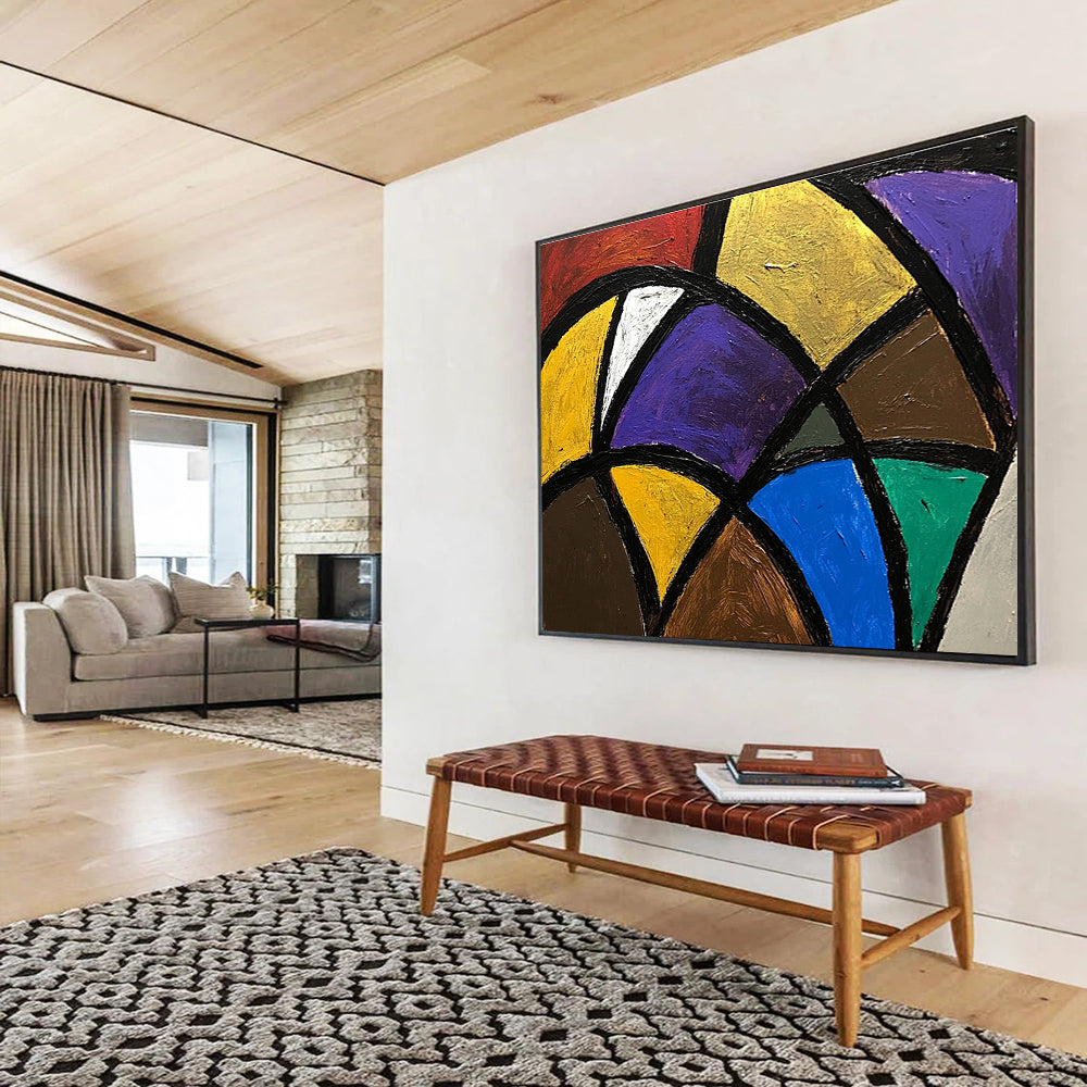 A large abstract painting featuring bold colorful lines and shapes with dark gray and beige tones, creating a sense of depth and complexity.SC440