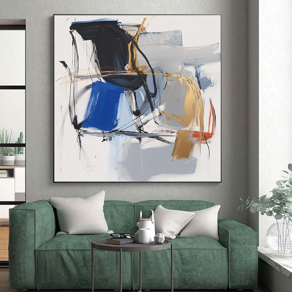 Blue Gray Gold Abstract Painting with Expressive Strokes GER804