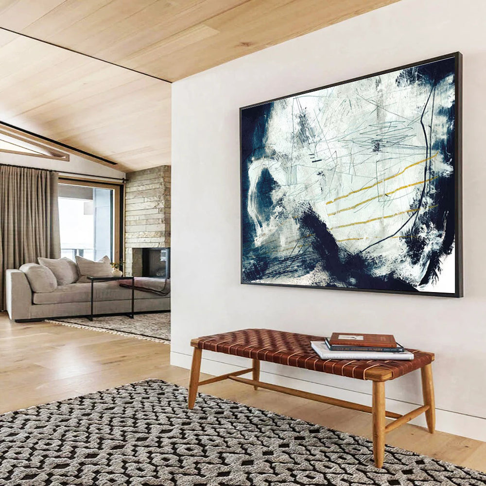 Blue and White Textured Abstract Painting with Yellow Accents THY141