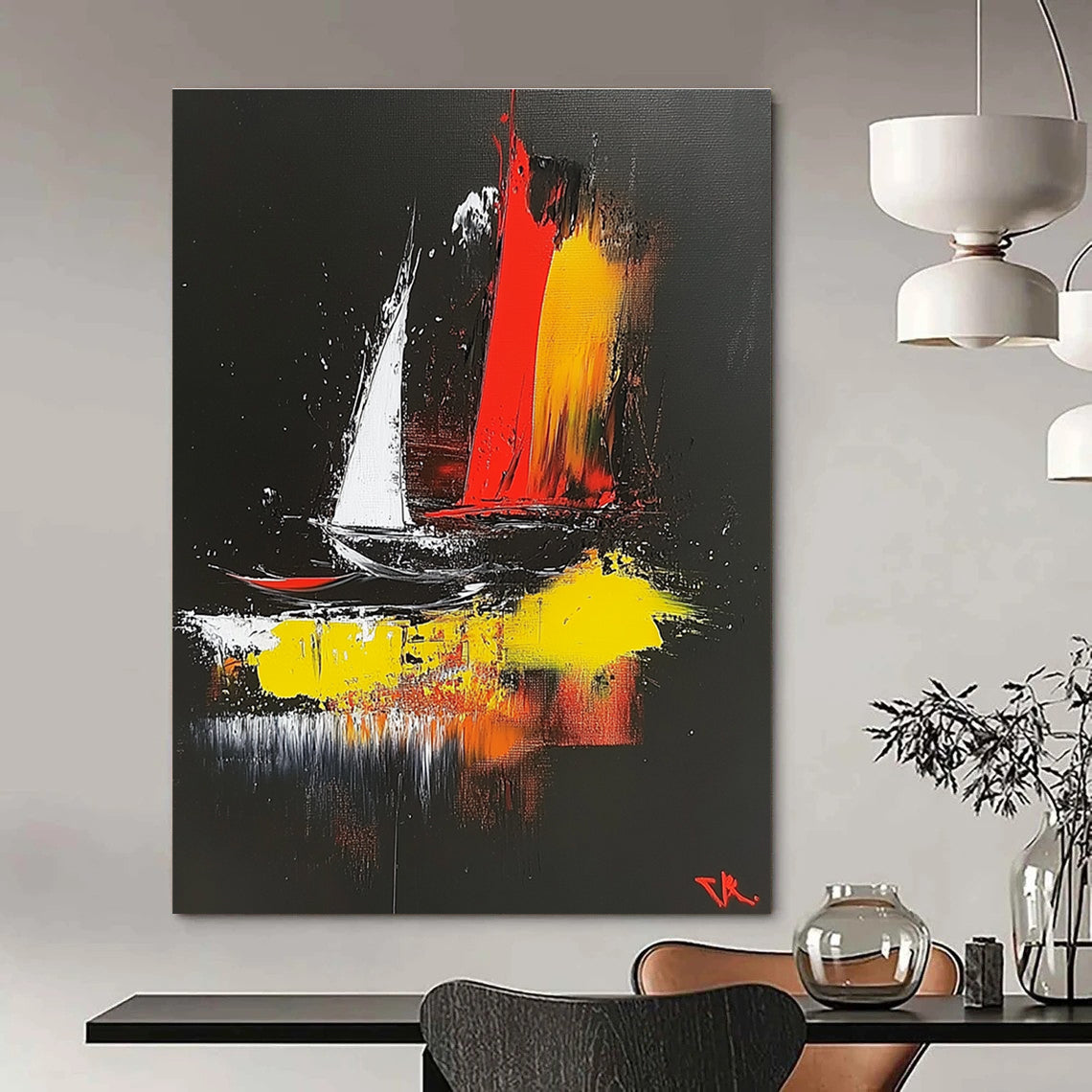 Abstract painting on a black background featuring dynamic red yellow white and black shapes evoking a sailing boat in the wind inspired by Zao Wou-Ki.STSC390
