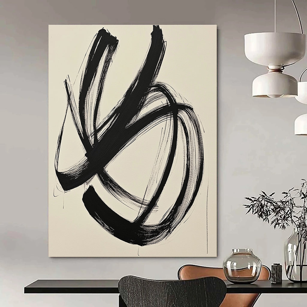 Large abstract drawing of black lines on white paper depicting an ink cloud style with a black square enhancing the minimalist energy.STSC549